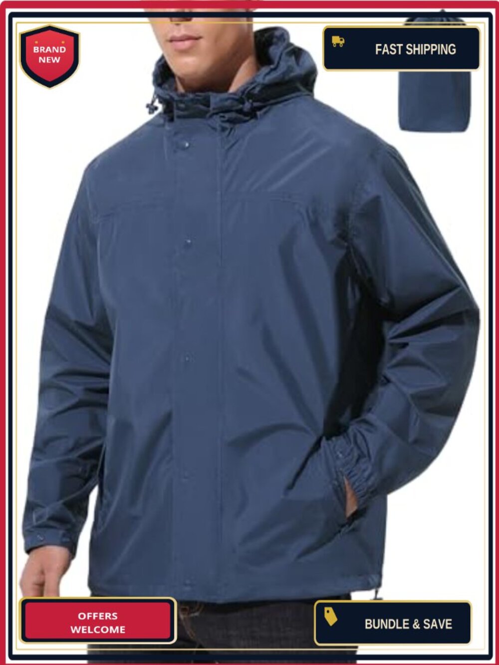 Lightweight Packable Waterproof Rain Jacket Windbreaker for Men